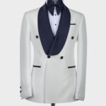 White-Navy Blue Lapeled Double Breasted Classic Tuxedo.