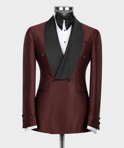 Red Spotted-Black Lapeled Double Breasted Classic Tuxedo.